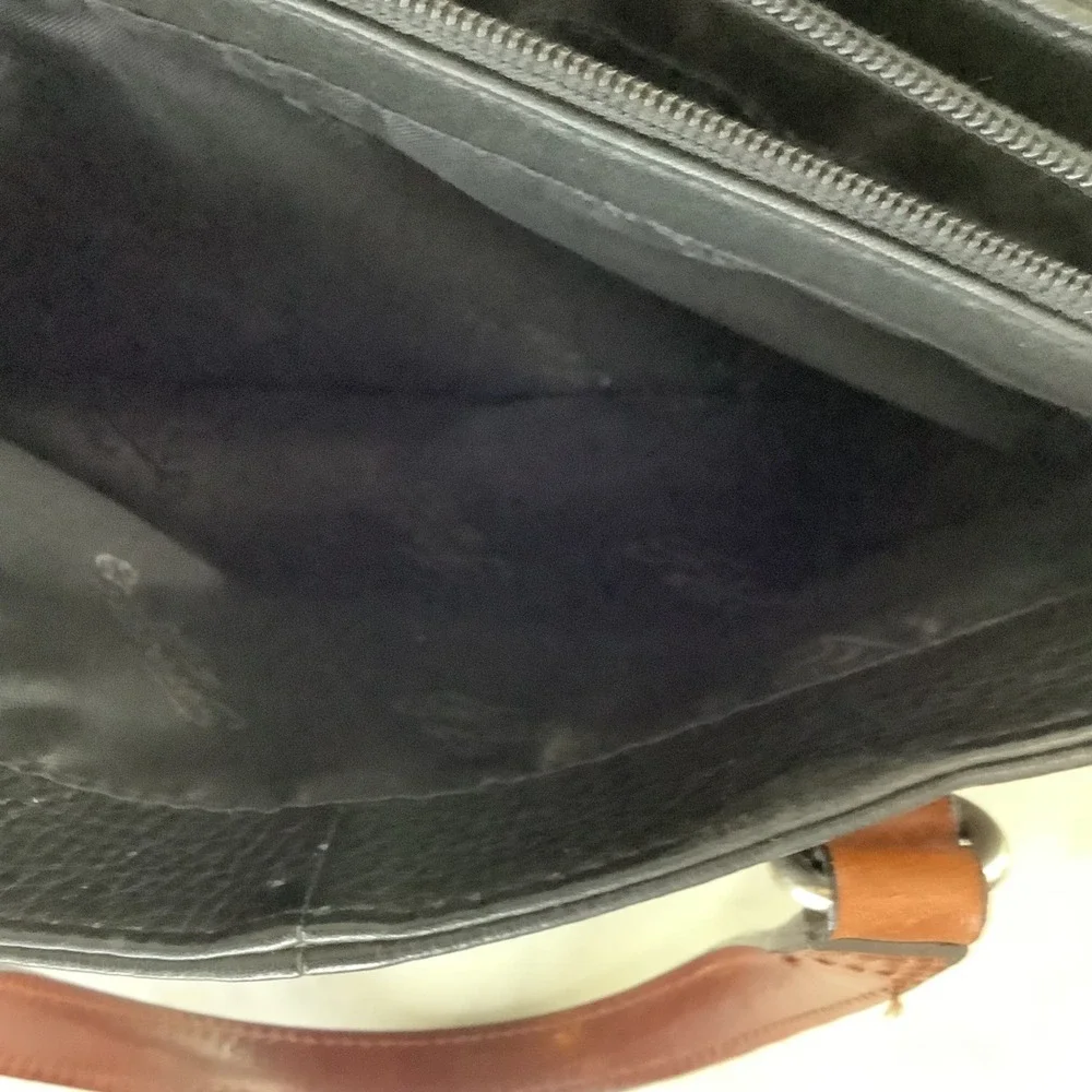 VINTAGE Black Fossil Leather Satchel Brown Top Handle Key‎ Charm Designer Purse